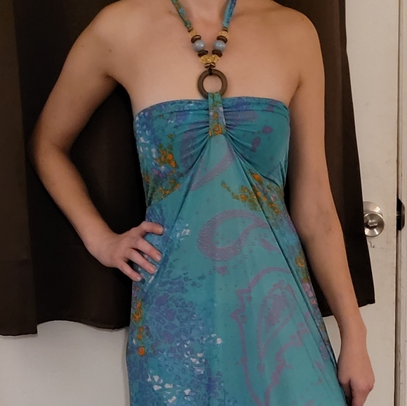 Halter maxi dress- Teel Medium. Beads. - Picture 7 of 7